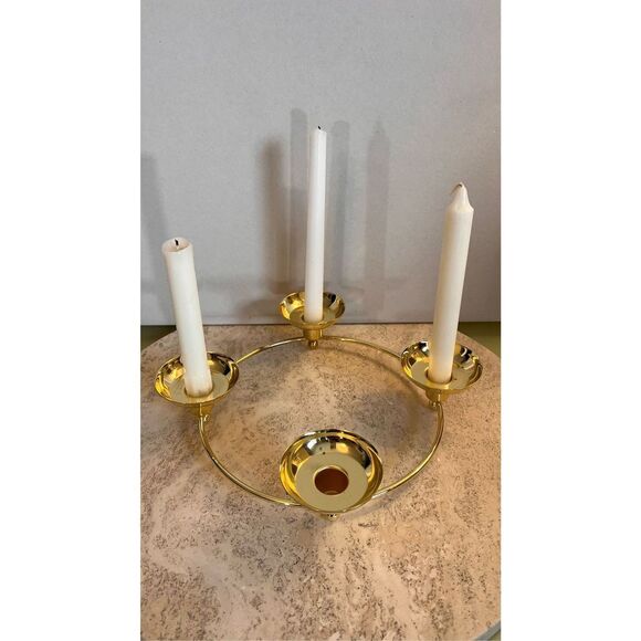 PARTYLITE 9” BRASS/GOLD 4 PLACE CANDLE RING HOLDER DECOR - Picture 1 of 8